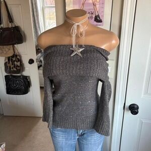 Y2K 2000s mcbling gray off shoulder knit sweater